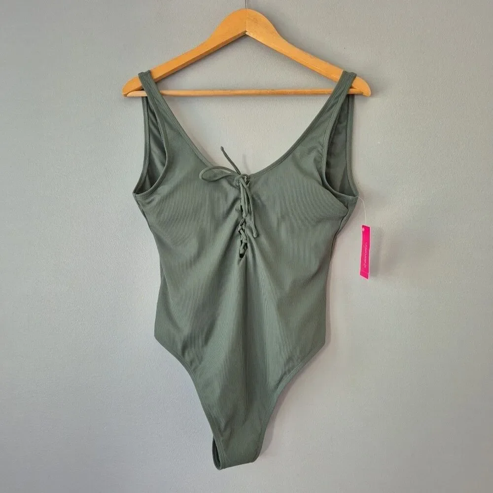 Xhilaration Olive Green One Piece Lace Up Ribbed Swimsuit Womens Large